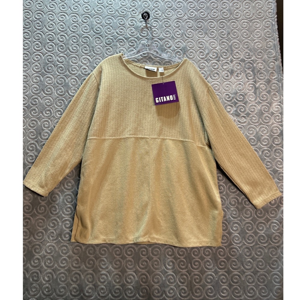 GITANO Women Beige Ribbed Knit Long Sleeve Tunic Top Casual Comfort M